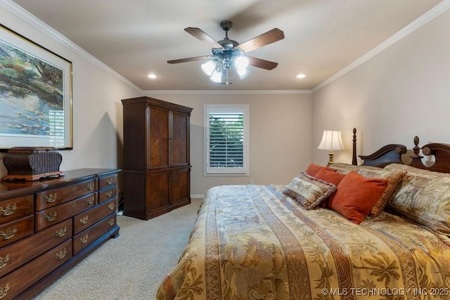 bedroom with crown molding, recessed lighting, a ceiling fan, and light colored carpet