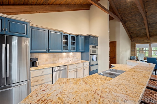 kitchen with a sink, stainless steel appliances, wooden ceiling, backsplash, and a warming drawer