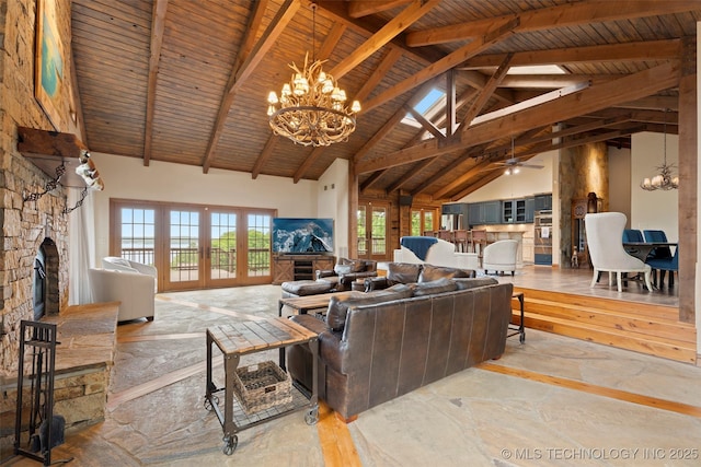 53402 E 332nd Loop, Jay, OK 74346 - living room with a chandelier, a fireplace, high vaulted ceiling, wooden ceiling with exposed beams, and french doors