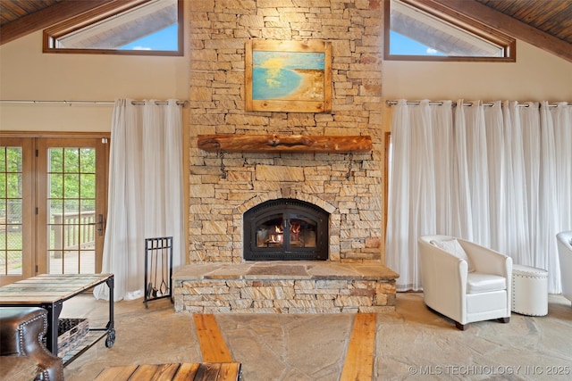 53402 E 332nd Loop, Jay, OK 74346 - living area with a fireplace, high vaulted ceiling, and wood ceiling with exposed beams