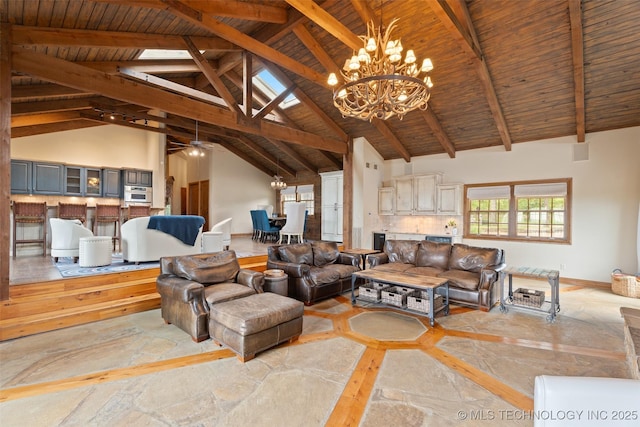 53402 E 332nd Loop, Jay, OK 74346 - living area featuring a chandelier, high vaulted ceiling, wooden ceiling with exposed beams, ceiling fan, and baseboards
