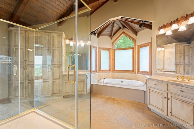 53402 E 332nd Loop, Jay, OK 74346 - bathroom with wood ceiling, vanity, a garden tub, and a shower stall
