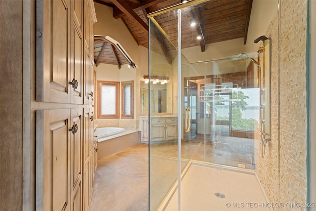 53402 E 332nd Loop, Jay, OK 74346 - full bath featuring wood ceiling, a stall shower, a garden tub, and vanity