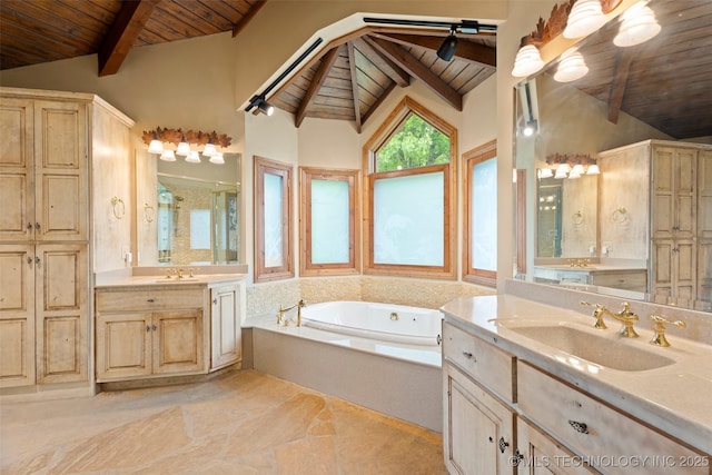full bathroom with a garden tub, vaulted ceiling with beams, wood ceiling, two vanities, and a sink