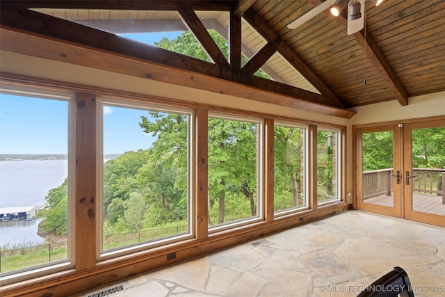 53402 E 332nd Loop, Jay, OK 74346 - unfurnished sunroom with a water view, french doors, stone floors, plenty of natural light, and wooden ceiling