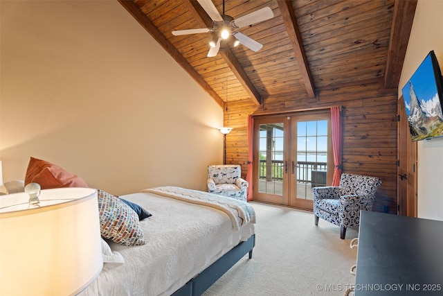 bedroom with carpet floors, wood walls, access to exterior, wood ceiling, and lofted ceiling with beams