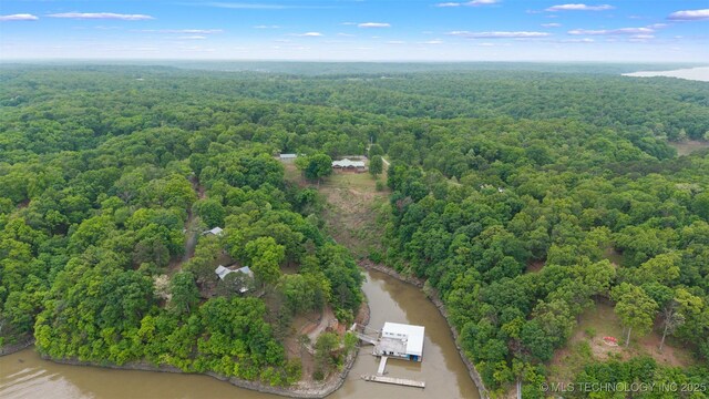 birds eye view of property featuring a view of trees and a water view