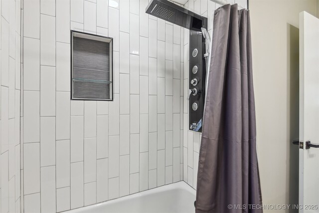 full bathroom with shower / bathtub combination with curtain
