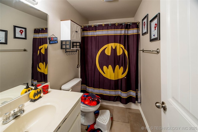 full bath featuring vanity, tile patterned flooring, toilet, and curtained shower