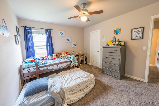 bedroom featuring carpet floors, ceiling fan, and baseboards