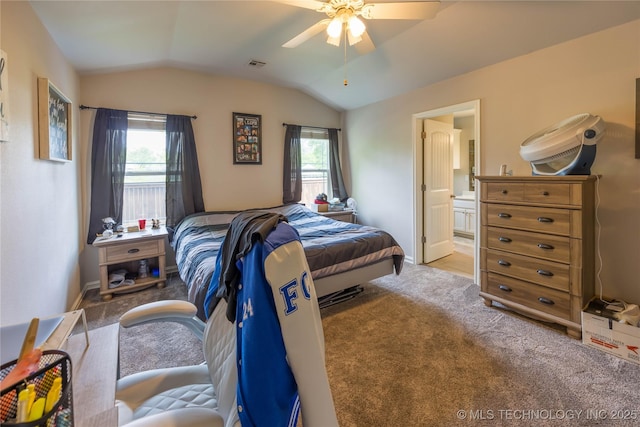 bedroom featuring carpet floors, multiple windows, lofted ceiling, and visible vents