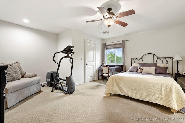 bedroom featuring ceiling fan, visible vents, baseboards, light carpet, and recessed lighting