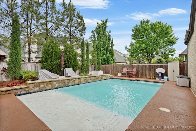 view of swimming pool with a fenced in pool, a fenced backyard, and a patio area