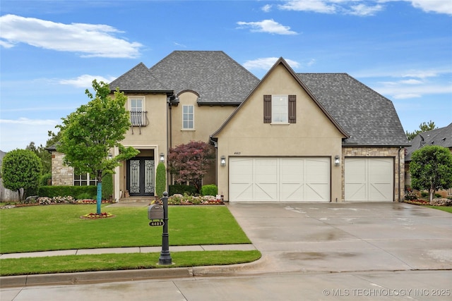 view of front of property featuring a shingled roof, stucco siding, driveway, and a front lawn