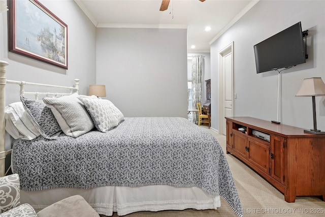 4401 S Quinoa Ave, Broken Arrow, OK 74011 - bedroom with light colored carpet, ornamental molding, recessed lighting, and ceiling fan