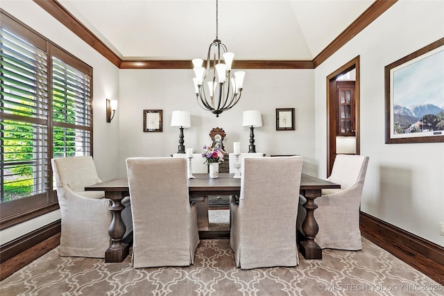 4401 S Quinoa Ave, Broken Arrow, OK 74011 - dining room featuring a chandelier, wood finished floors, lofted ceiling, and crown molding