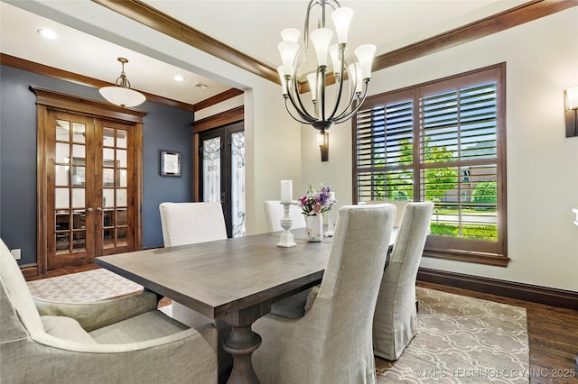 4401 S Quinoa Ave, Broken Arrow, OK 74011 - dining room with french doors, wood finished floors, a chandelier, crown molding, and recessed lighting