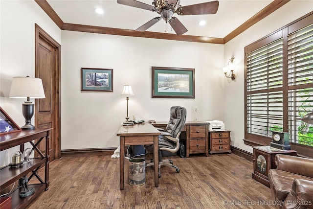 4401 S Quinoa Ave, Broken Arrow, OK 74011 - home office featuring ornamental molding, dark wood finished floors, a ceiling fan, and recessed lighting