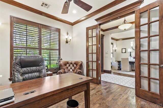 4401 S Quinoa Ave, Broken Arrow, OK 74011 - office with french doors, crown molding, wood finished floors, ceiling fan, and recessed lighting
