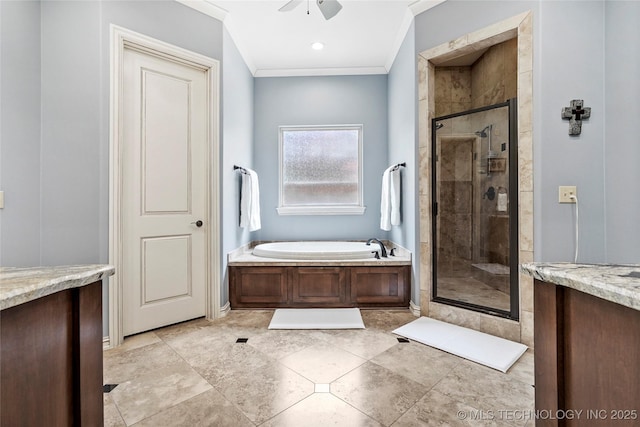 4401 S Quinoa Ave, Broken Arrow, OK 74011 - bathroom featuring a garden tub, a shower stall, ceiling fan, ornamental molding, and vanity