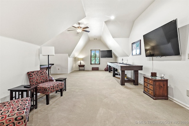 4401 S Quinoa Ave, Broken Arrow, OK 74011 - sitting room with vaulted ceiling, light colored carpet, a ceiling fan, and billiards