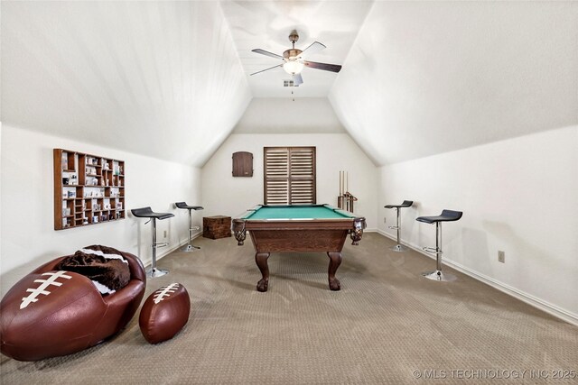 4401 S Quinoa Ave, Broken Arrow, OK 74011 - recreation room with carpet floors, lofted ceiling, a ceiling fan, and pool table