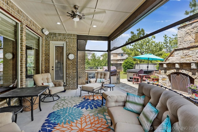 4401 S Quinoa Ave, Broken Arrow, OK 74011 - view of patio featuring an outdoor living space with a fireplace, a ceiling fan, and grilling area