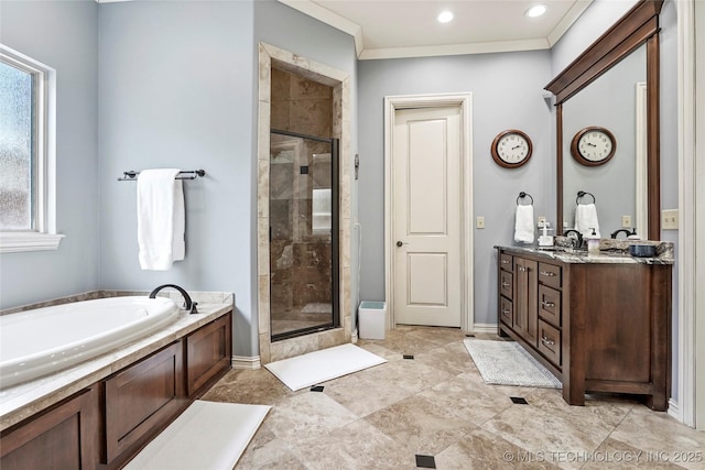 4401 S Quinoa Ave, Broken Arrow, OK 74011 - full bathroom featuring vanity, a stall shower, a bath, healthy amount of natural light, and recessed lighting