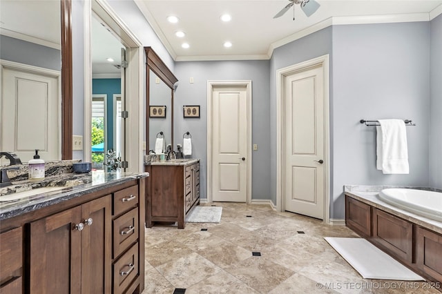 4401 S Quinoa Ave, Broken Arrow, OK 74011 - bathroom featuring crown molding, two vanities, a ceiling fan, a bath, and recessed lighting