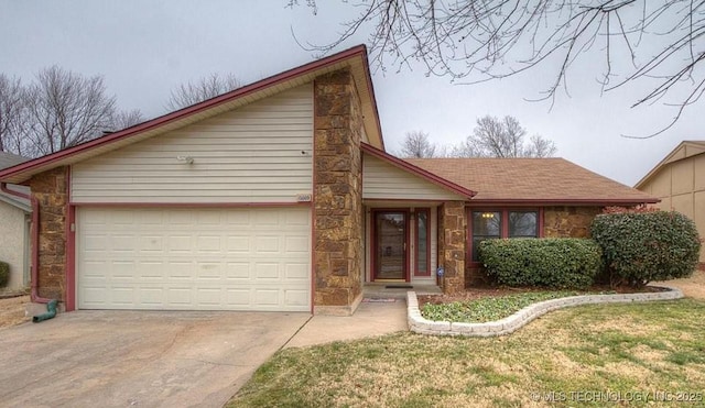 view of front facade with a shingled roof, an attached garage, concrete driveway, and stone siding