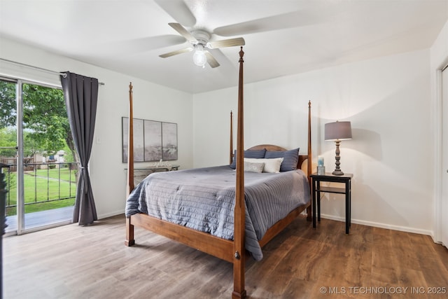 6727 S Richmond Ave Unit 632, Tulsa, OK 74136 - bedroom with access to outside, baseboards, wood finished floors, and a ceiling fan