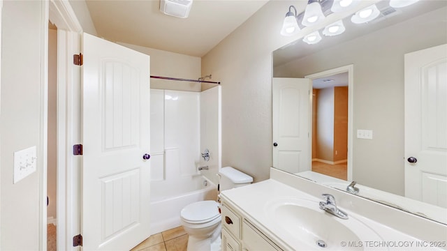 bathroom featuring visible vents, vanity, tile patterned floors, toilet, and bathing tub / shower combination