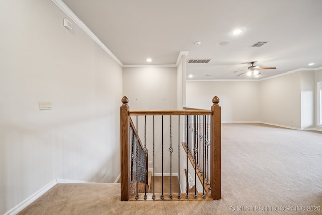 interior space with visible vents, carpet flooring, recessed lighting, and an upstairs landing