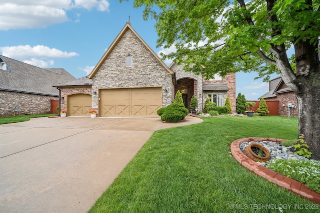 view of front of property featuring an attached garage, driveway, stone siding, and a front lawn