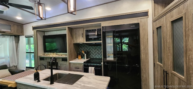 kitchen with a sink, black appliances, a wealth of natural light, and glass insert cabinets
