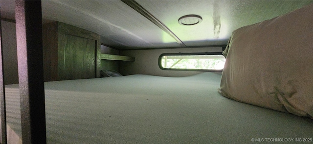 unfurnished bedroom with carpet flooring and vaulted ceiling