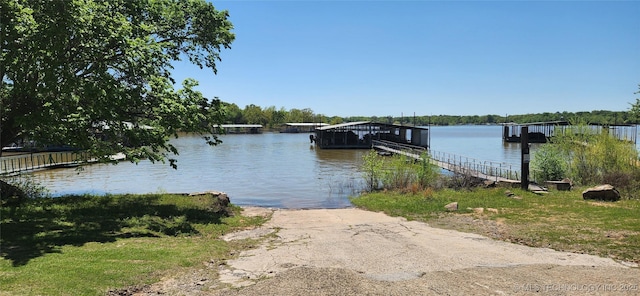 view of dock with a water view