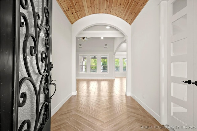 15916 E 106th Pl, Owasso, OK 74055 - entryway featuring wooden ceiling, vaulted ceiling, baseboards, and a ceiling fan