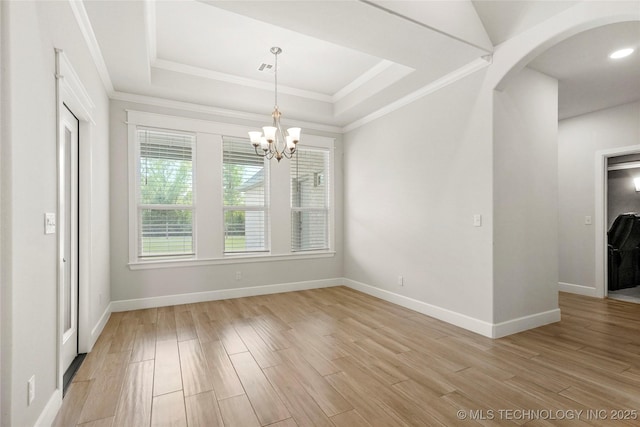 15916 E 106th Pl, Owasso, OK 74055 - unfurnished dining area featuring light wood-style floors, a chandelier, baseboards, and a raised ceiling