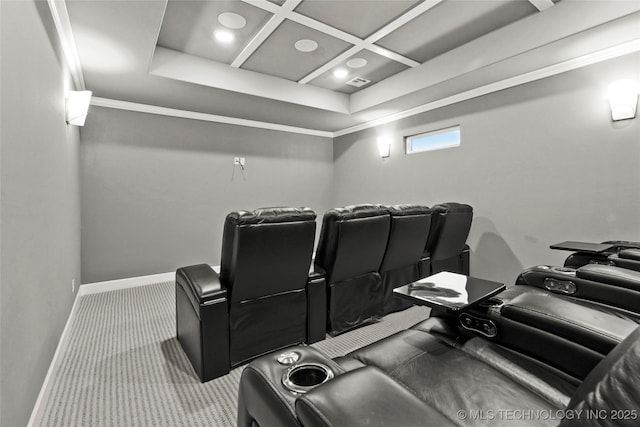 15916 E 106th Pl, Owasso, OK 74055 - home theater featuring coffered ceiling, carpet floors, visible vents, baseboards, and recessed lighting