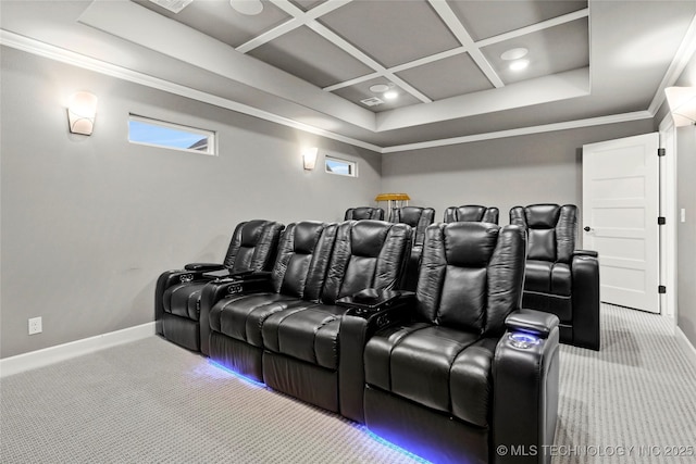 15916 E 106th Pl, Owasso, OK 74055 - carpeted home theater room featuring baseboards, ornamental molding, visible vents, and coffered ceiling