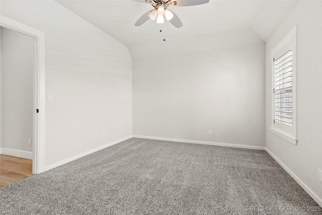 15916 E 106th Pl, Owasso, OK 74055 - unfurnished room with vaulted ceiling, ceiling fan, carpet, and baseboards