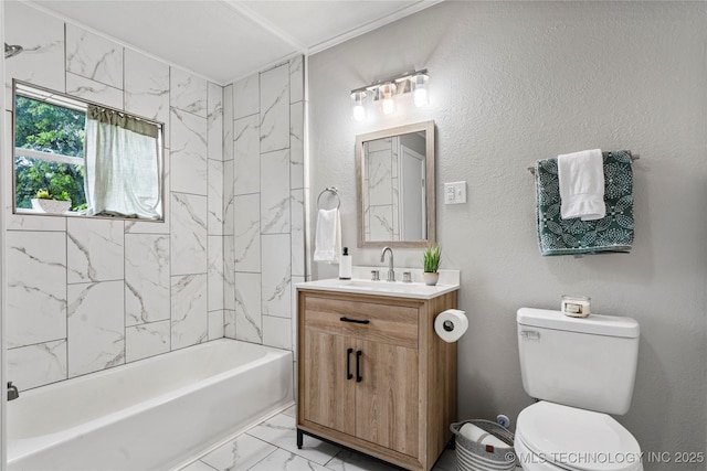 full bathroom with tub / shower combination, vanity, toilet, and marble finish floor