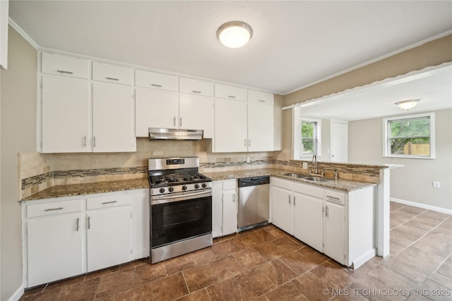 kitchen with a peninsula, under cabinet range hood, tasteful backsplash, a sink, and stainless steel appliances
