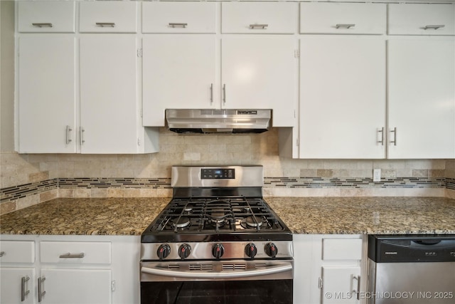 kitchen featuring appliances with stainless steel finishes, under cabinet range hood, and white cabinetry