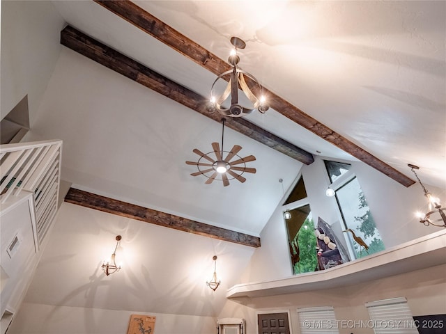 details with an inviting chandelier and beam ceiling