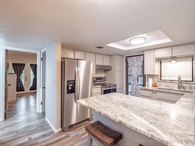 kitchen featuring visible vents, appliances with stainless steel finishes, a sink, under cabinet range hood, and light wood-style flooring