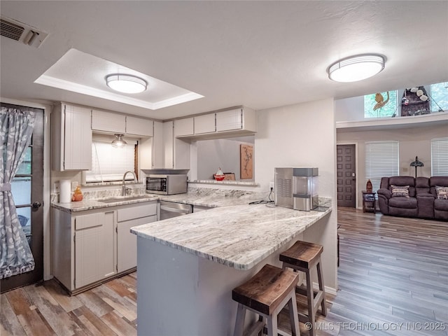kitchen with visible vents, a peninsula, a tray ceiling, a sink, and appliances with stainless steel finishes