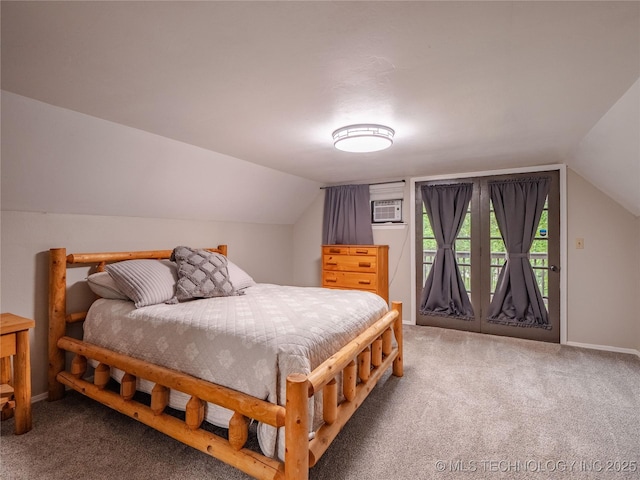 carpeted bedroom with baseboards, access to outside, and lofted ceiling