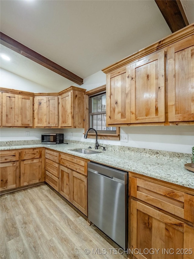kitchen featuring light stone countertops, lofted ceiling with beams, a sink, light wood-style flooring, and stainless steel dishwasher